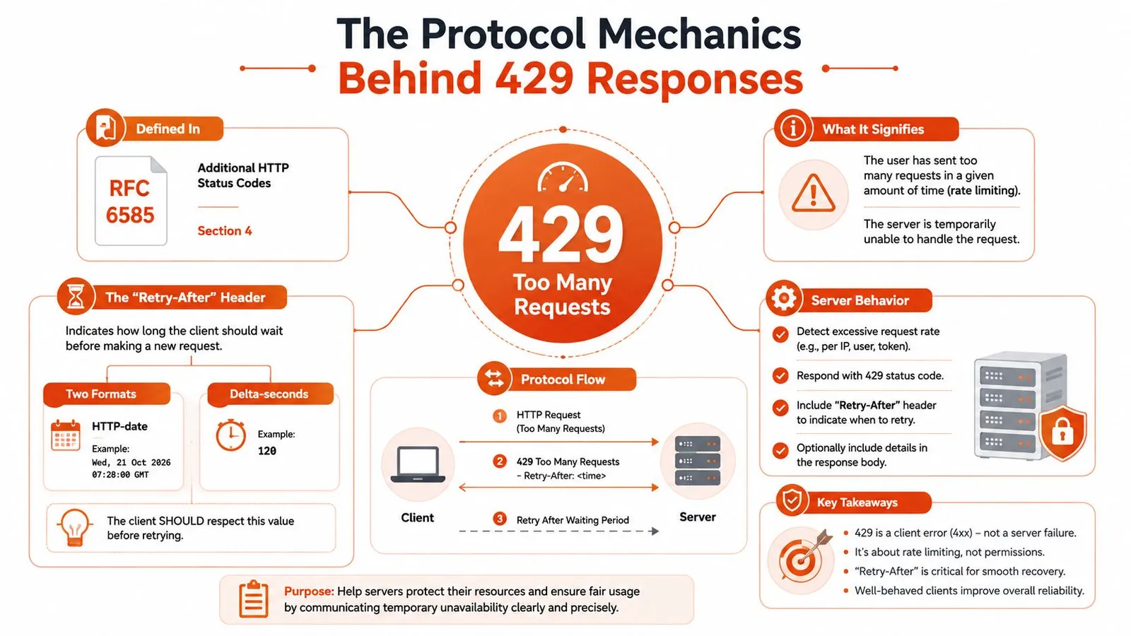 An infographic explaining the mechanics of the HTTP 429 Too Many Requests error and rate limiting protocols.