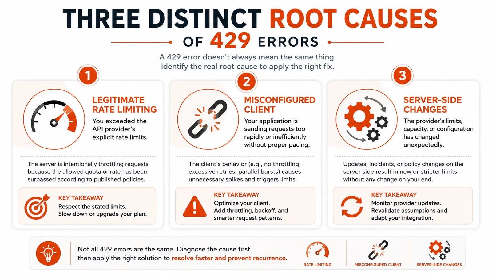 An infographic explaining three distinct root causes for 429 API errors, including rate limiting and misconfigurations.