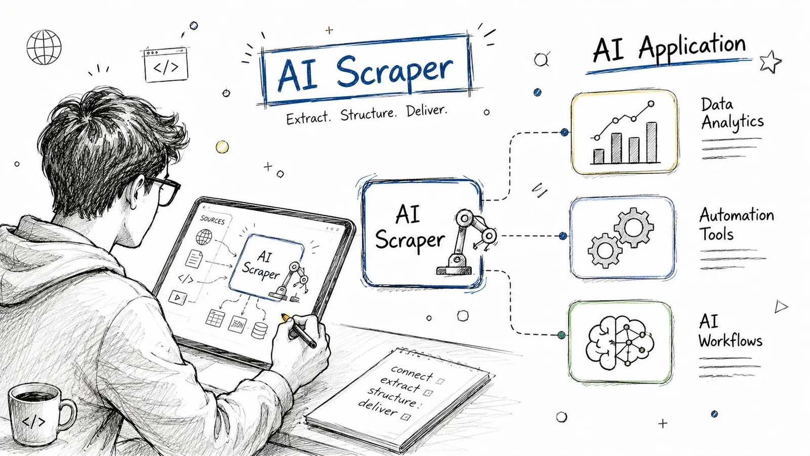 A digital illustration showing a person using a tablet to design an AI scraper workflow diagram.