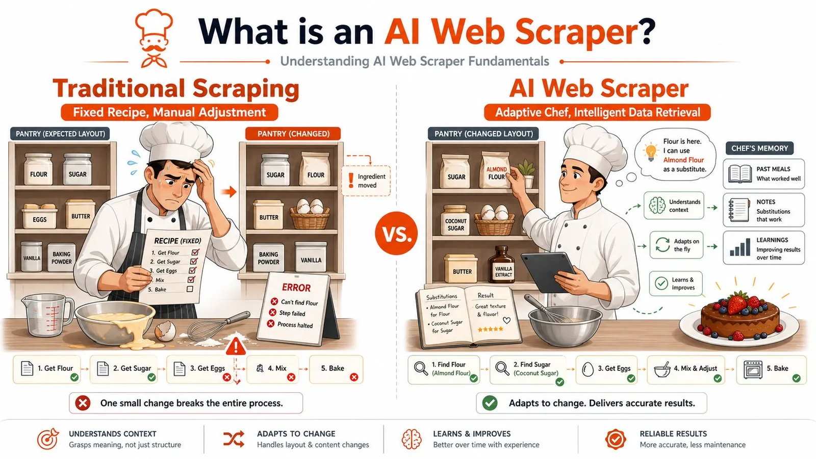 An infographic comparing traditional web scraping with AI web scraping using a cooking analogy for clarity.