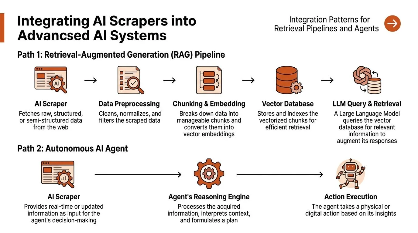 A diagram illustrating two paths for integrating AI scrapers into RAG pipelines and autonomous AI agents.