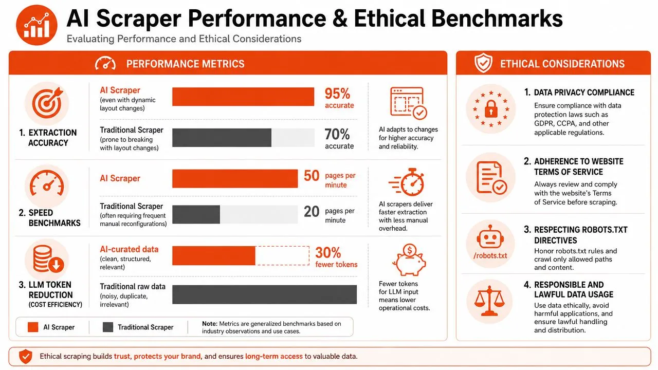 An infographic comparing AI scrapers and traditional scrapers across performance metrics and ethical considerations.