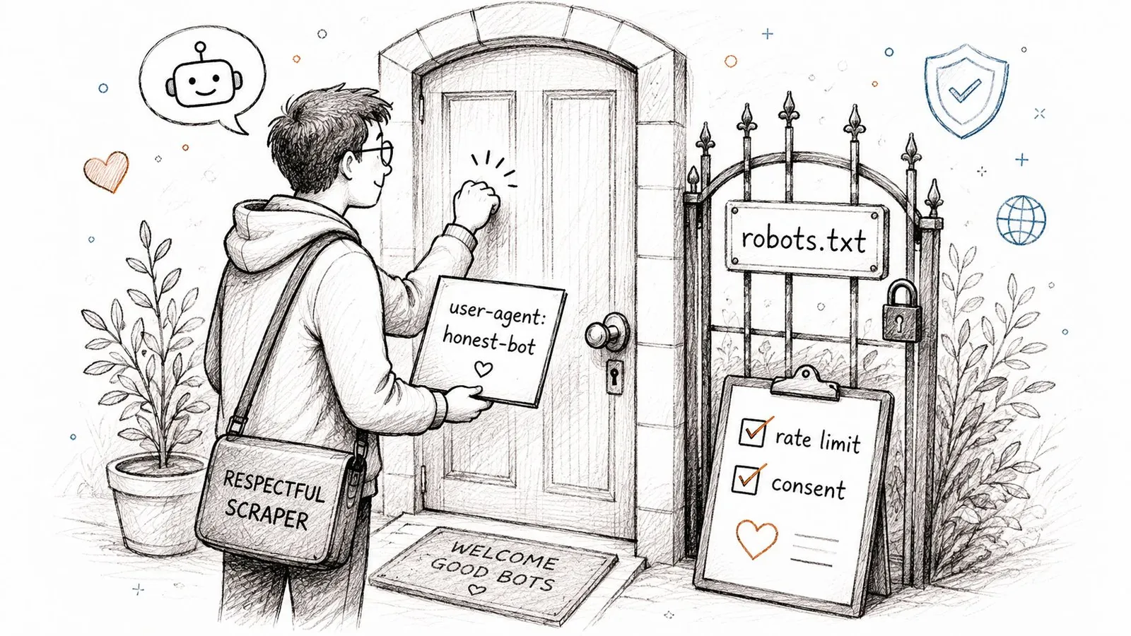 A conceptual illustration of a respectful web scraper bot knocking on a door representing ethical data collection.