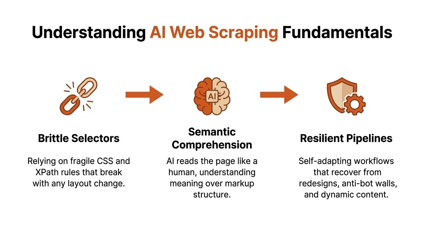 A diagram illustrating the progression from brittle selectors to AI-powered semantic comprehension and resilient web scraping pipelines.
