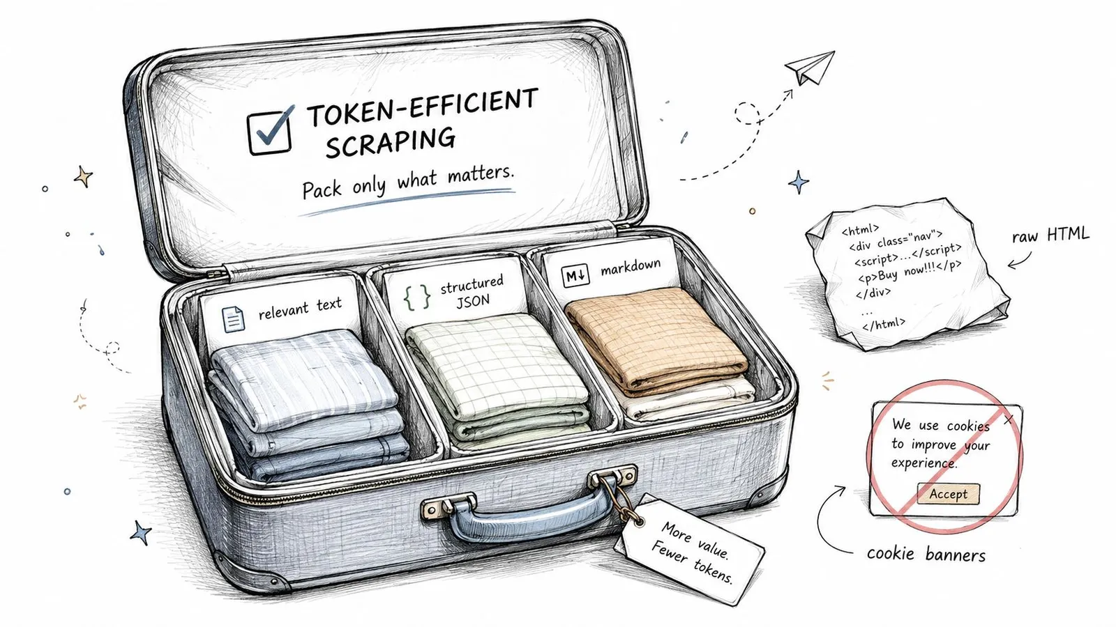 A suitcase illustration representing token-efficient web scraping by packing relevant text, structured JSON, and markdown data.