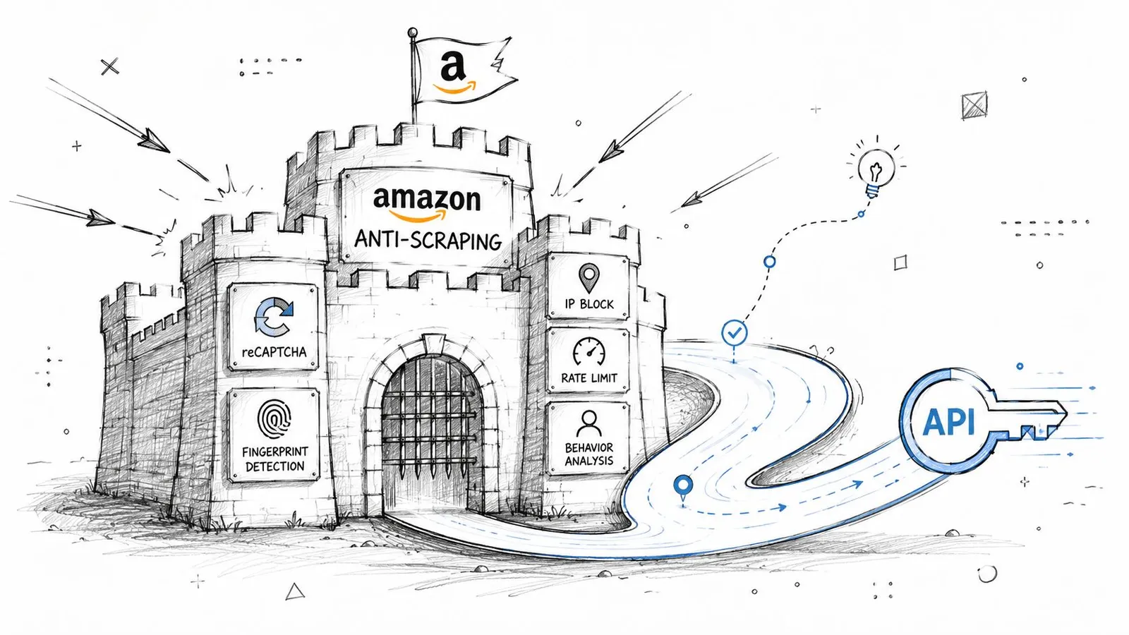 A hand-drawn illustration depicting Amazon Anti-Scraping security measures like reCAPTCHA and IP blocking guarding against web scraping.