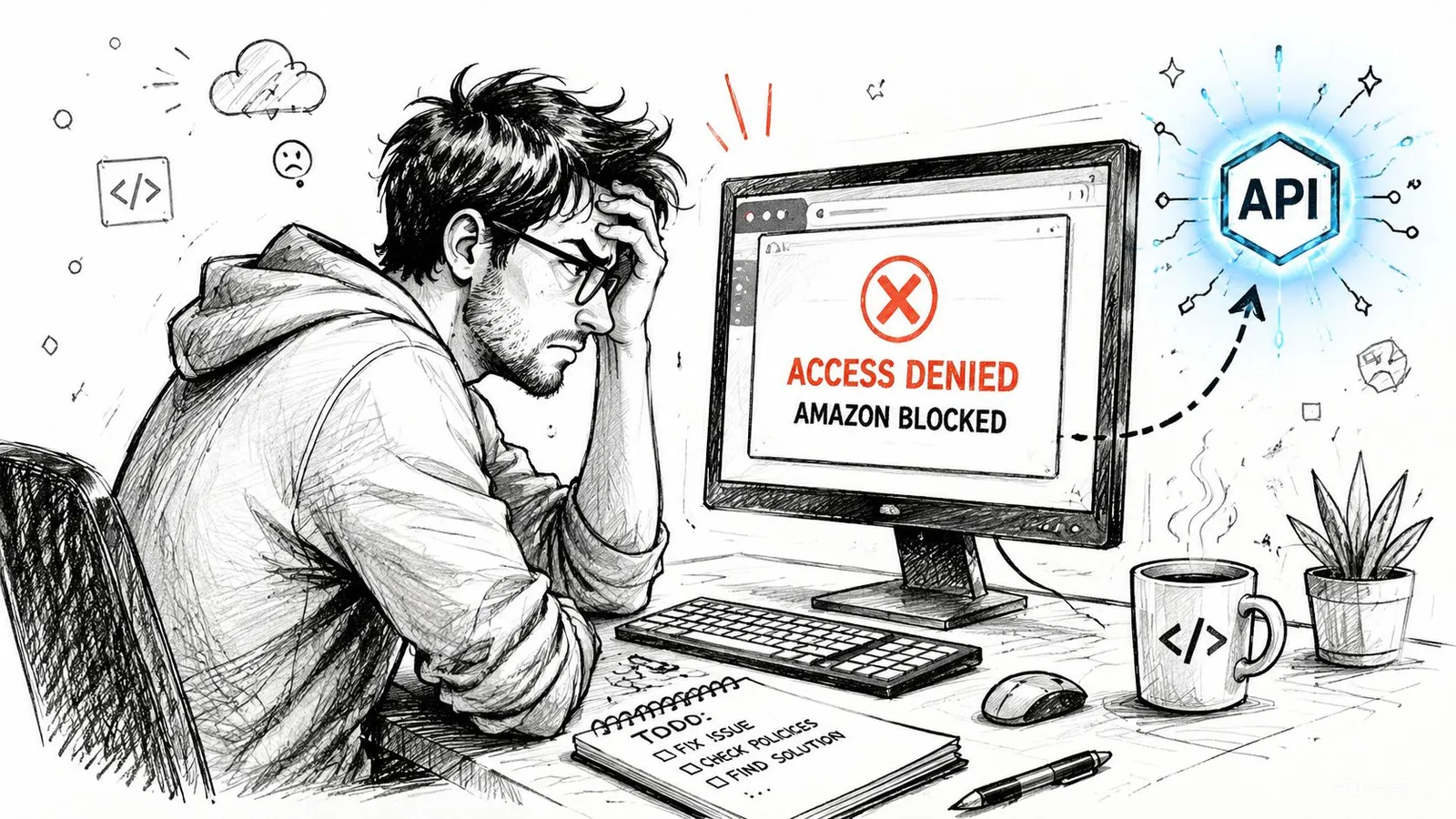A frustrated developer sitting at a computer desk looking at an Amazon blocked access error message.