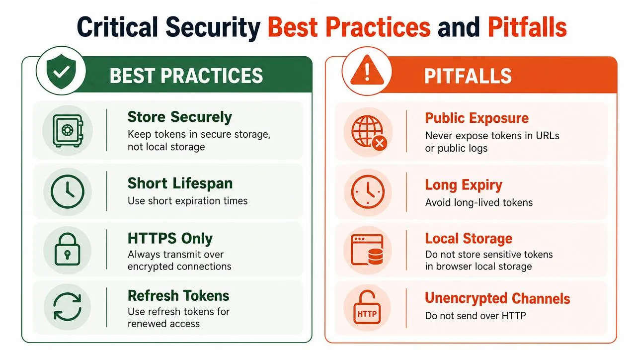 A comparison chart outlining best practices and common security pitfalls when managing bearer token authentication.