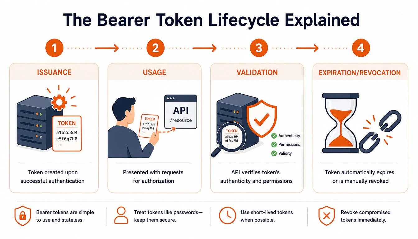 A four-step infographic illustrating the bearer token lifecycle including issuance, usage, validation, and expiration or revocation.
