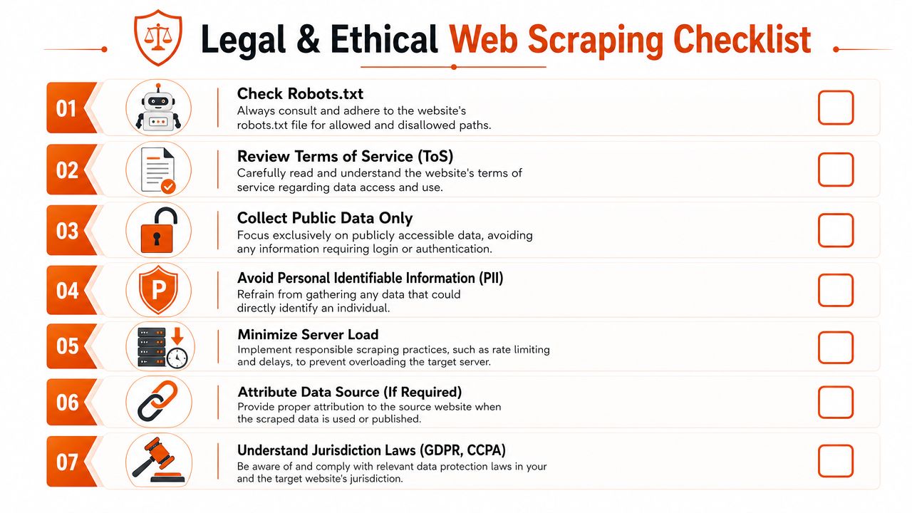 A checklist infographic illustrating seven ethical and legal principles to follow for responsible web scraping practices.