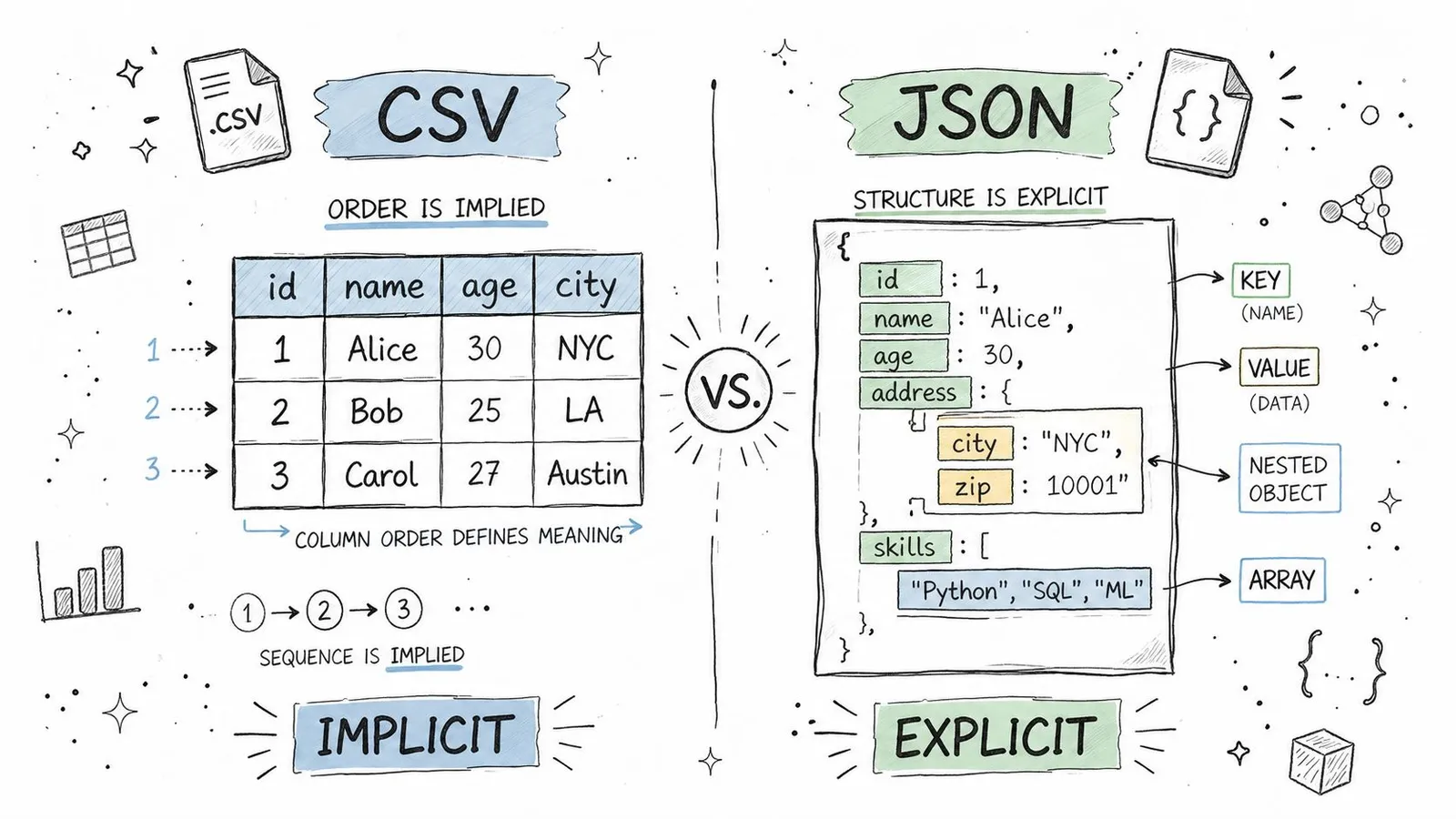 An infographic comparing the data structures of CSV and JSON with clear visual examples.