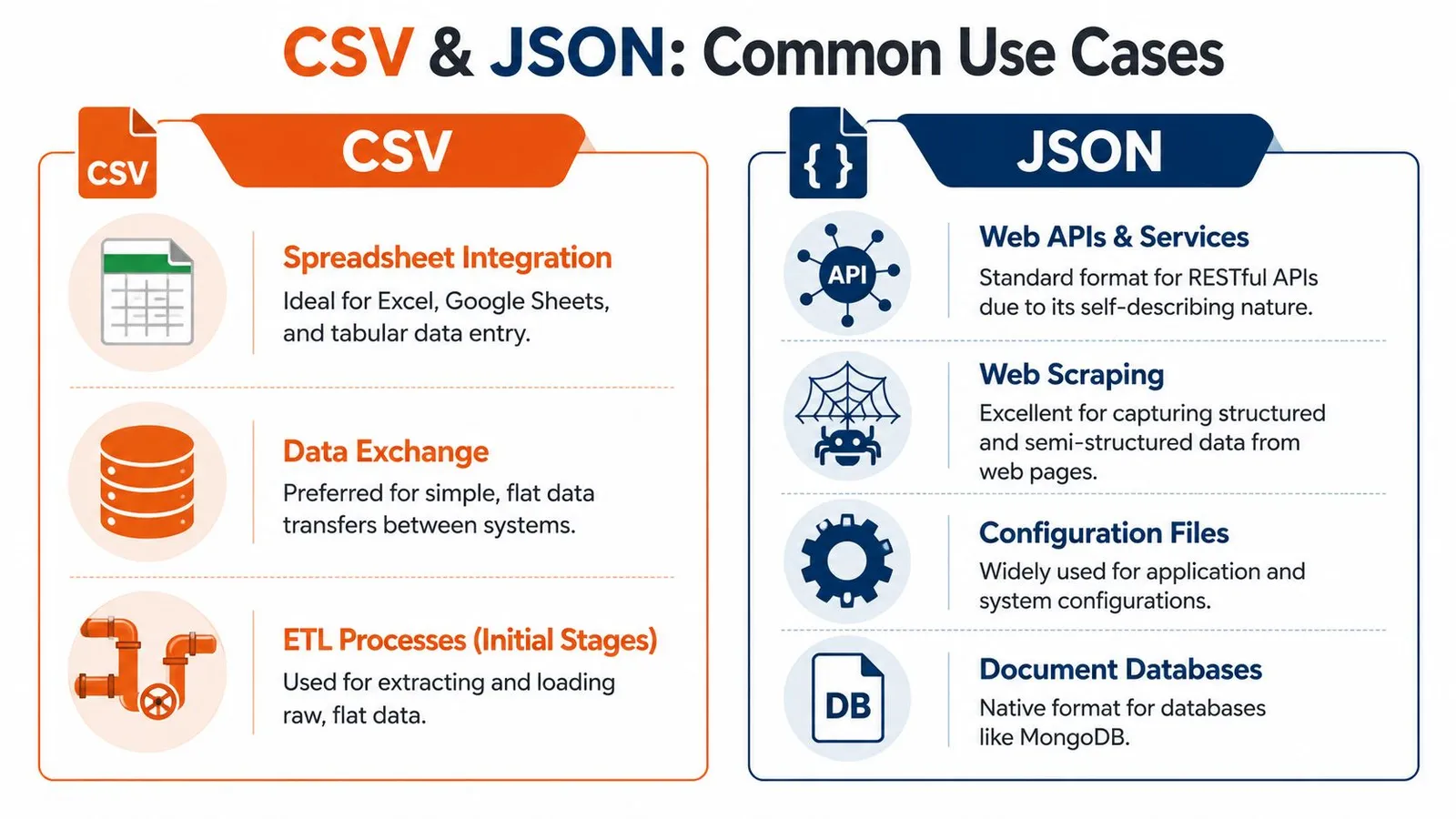 A comparative infographic showing common use cases for CSV and JSON data formats in software development.