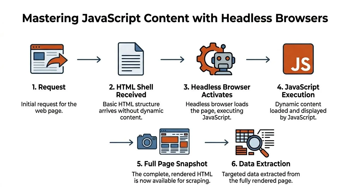 An infographic showing the six-step process of using headless browsers to scrape dynamic JavaScript web content.