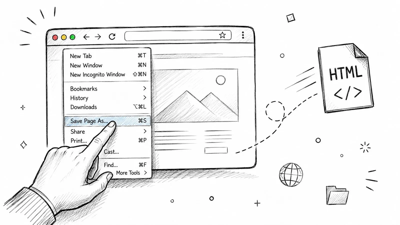 A hand selecting Save Page As in a browser menu to download a webpage as an HTML file.