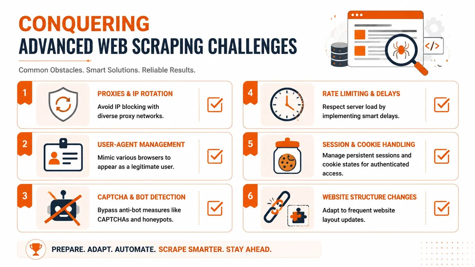 An infographic detailing six essential strategies for successfully overcoming advanced web scraping challenges and bot detection.