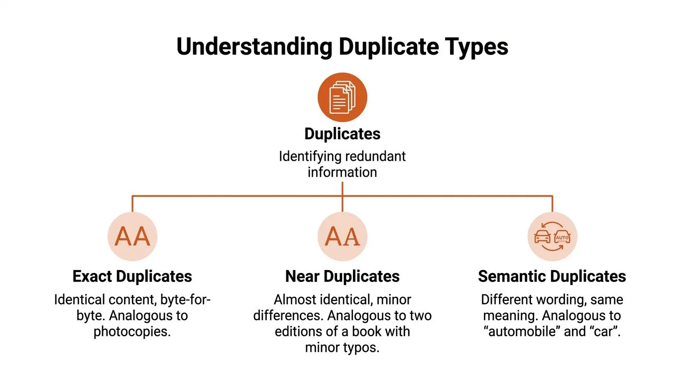 A diagram categorizing duplicate types as exact, near, and semantic duplicates with brief descriptive examples.