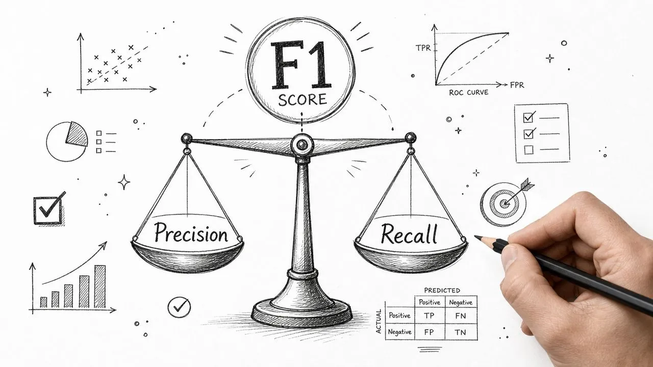 A hand-drawn illustration showing a balance scale weighing precision and recall to calculate the F1 score.
