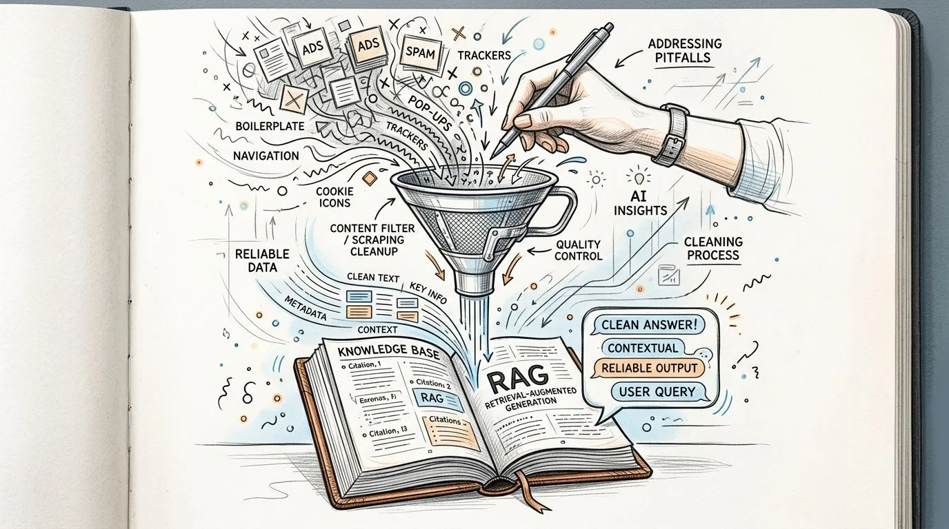 An illustrated sketch of a RAG pipeline showing data filtering, cleaning, and content synthesis for reliable answers.