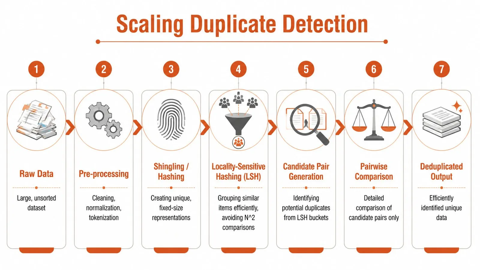 A seven-step flowchart illustrating the scaling duplicate detection process from raw data to final deduplicated output.
