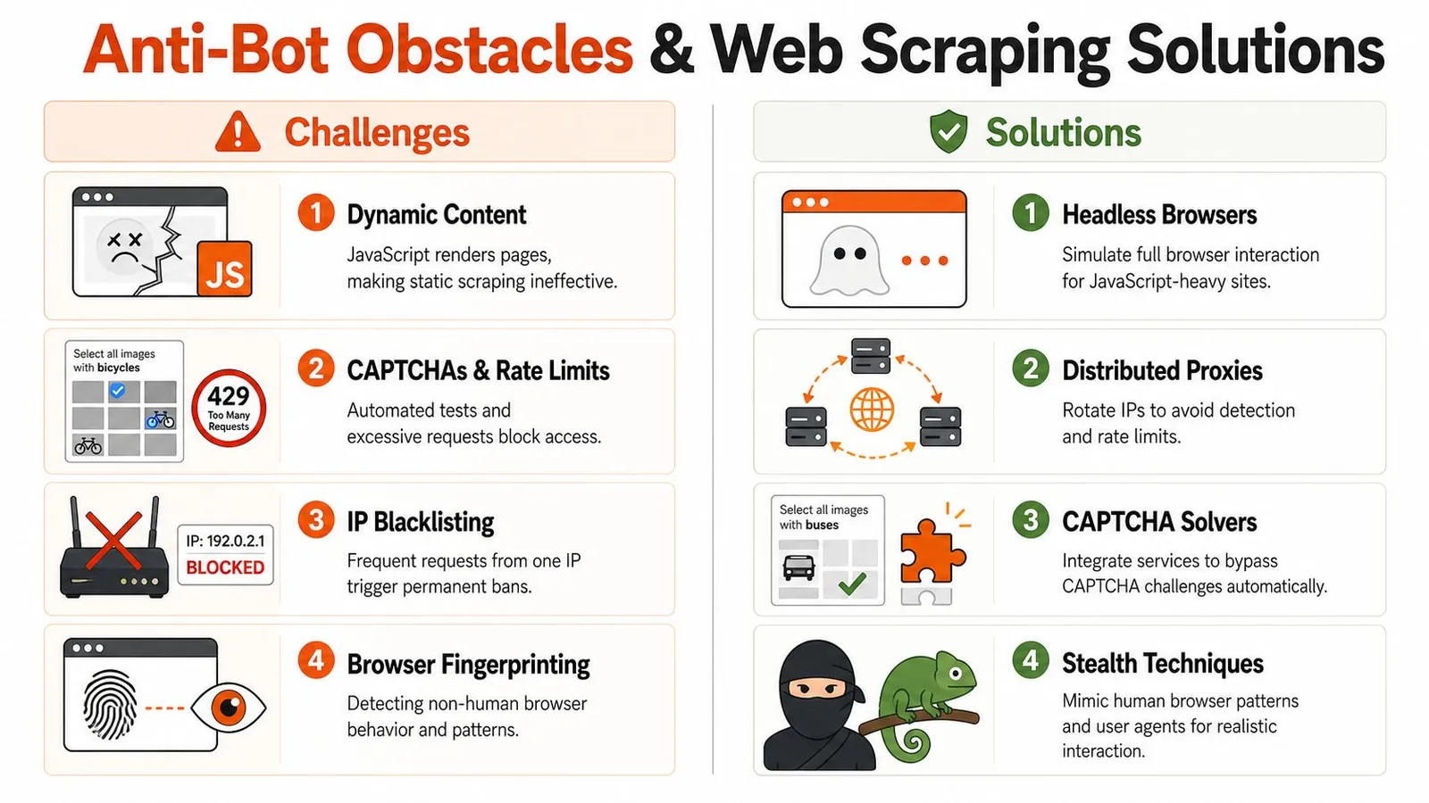 A comparison chart outlining common web scraping anti-bot obstacles alongside their respective technical solutions.