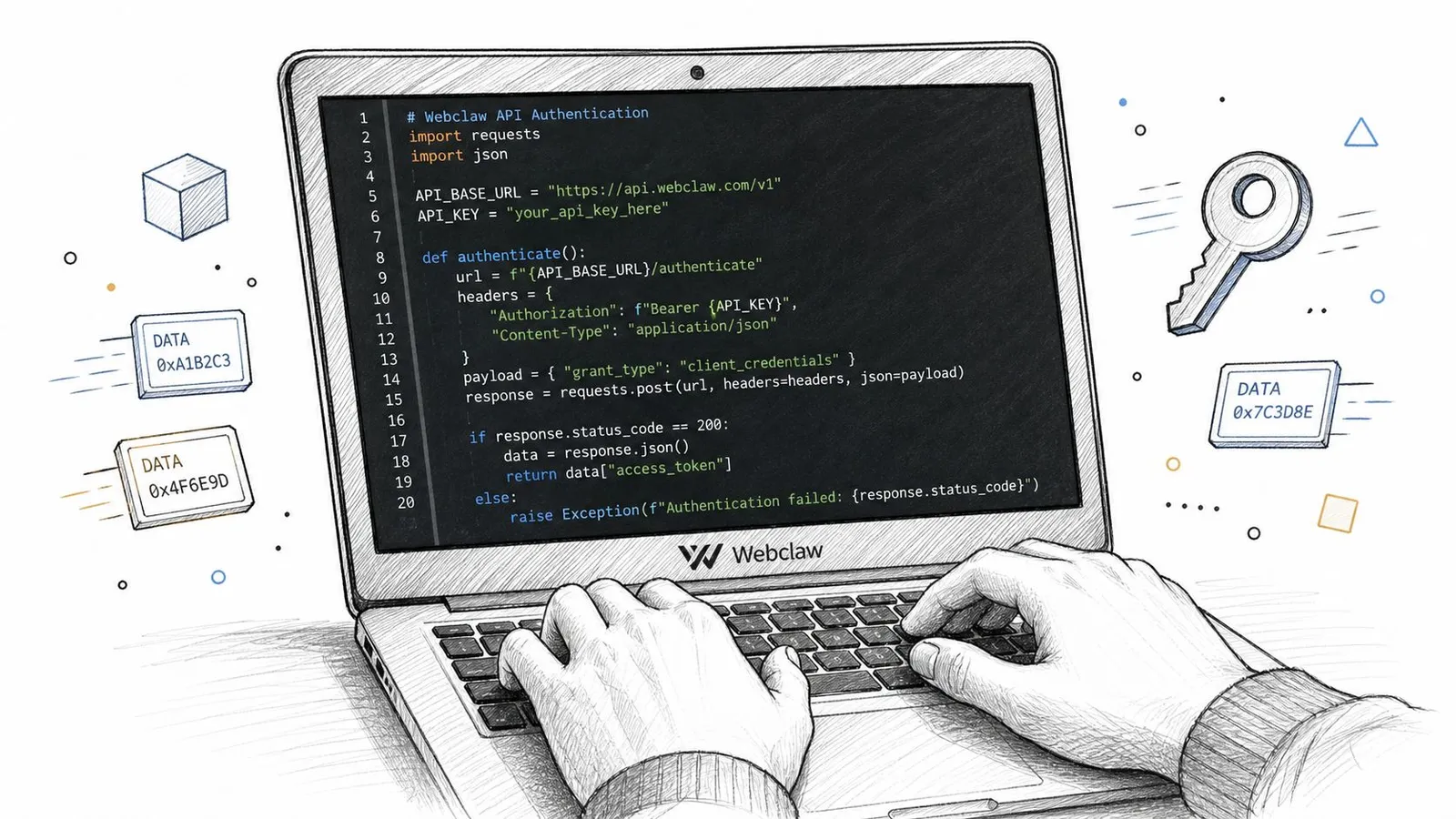 A person writing Python code for Webclaw API authentication on a laptop screen with data icons.
