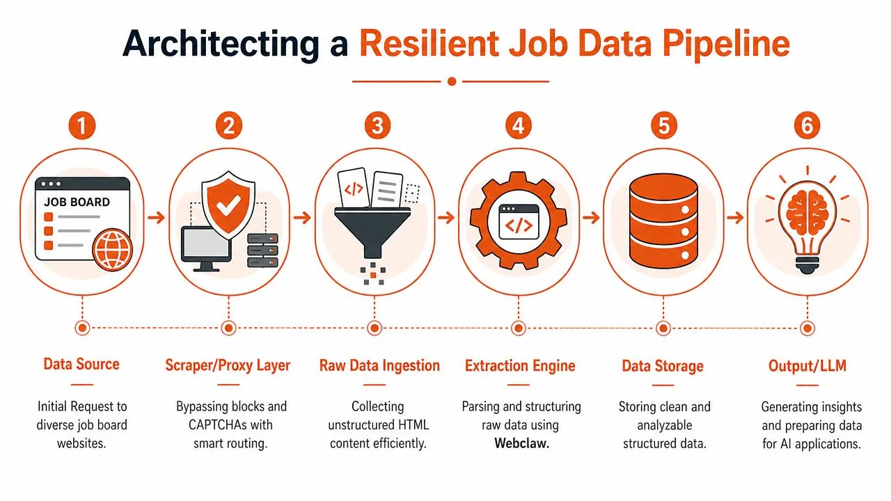 A six-step infographic illustrating a resilient job data pipeline for scraping and processing job board information.