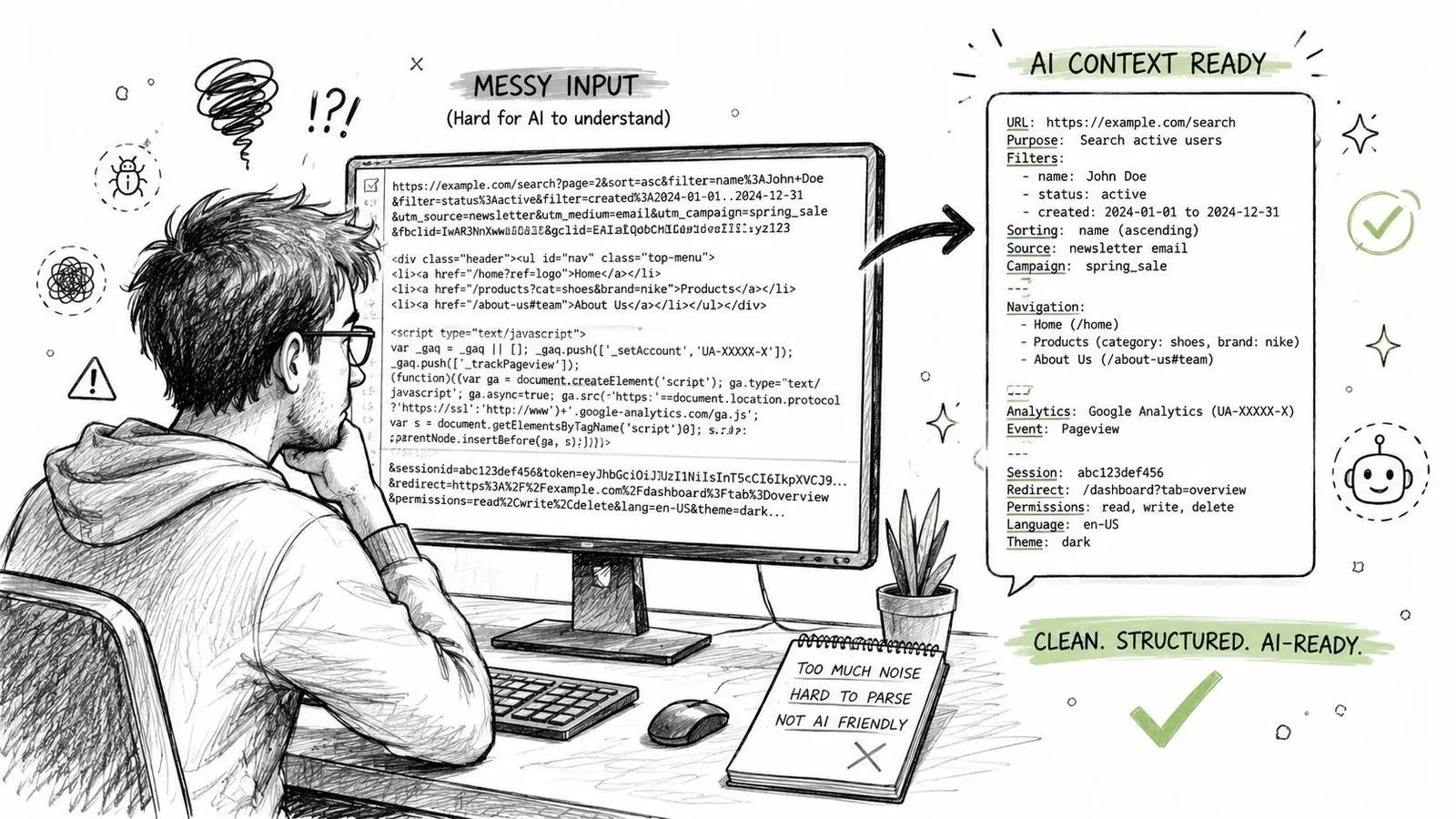 A person looking at a computer screen showing messy code being transformed into organized AI data.