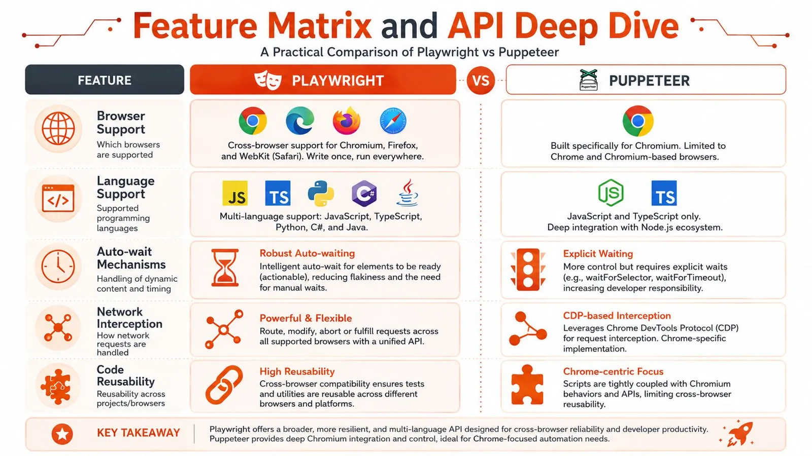 A comparison chart outlining key differences between Playwright and Puppeteer across browser support, languages, and features.