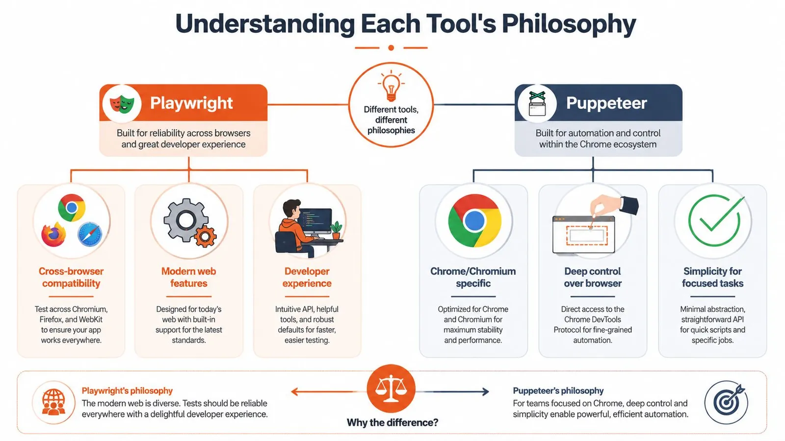 An infographic comparing the different philosophies of Playwright and Puppeteer browser automation tools for software testing.