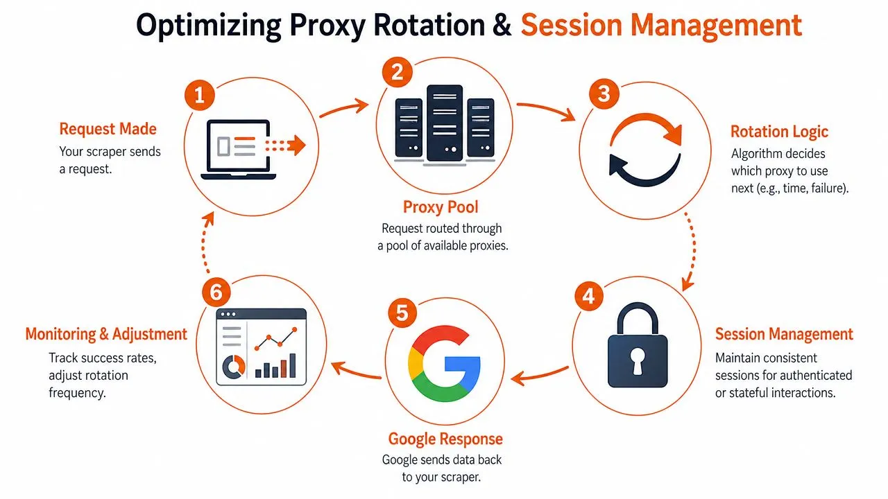 A diagram illustrating the six-step process of optimizing proxy rotation and session management for web scraping.