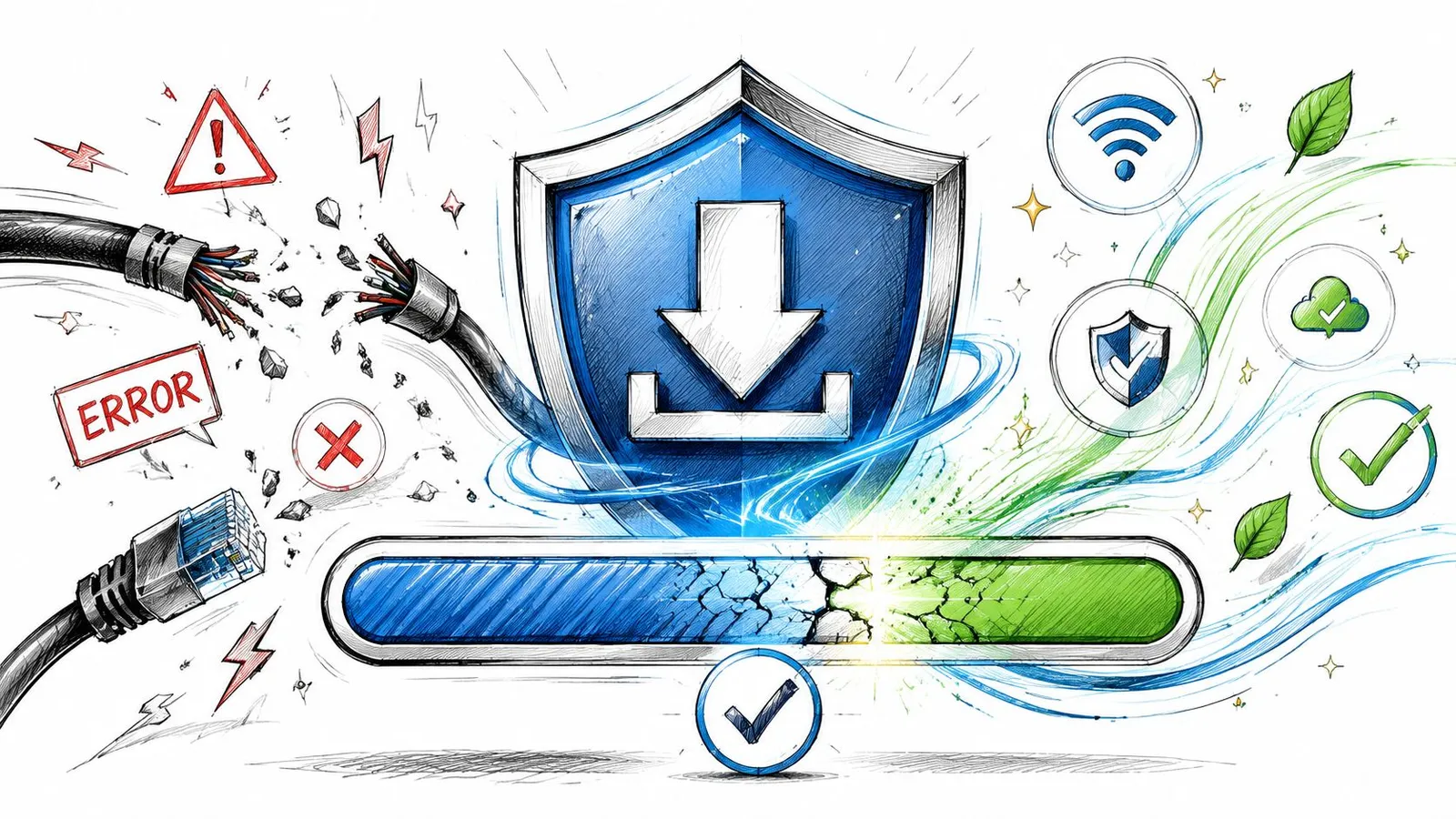 A digital illustration showing a secure shield protecting a download process transitioning from error to success.