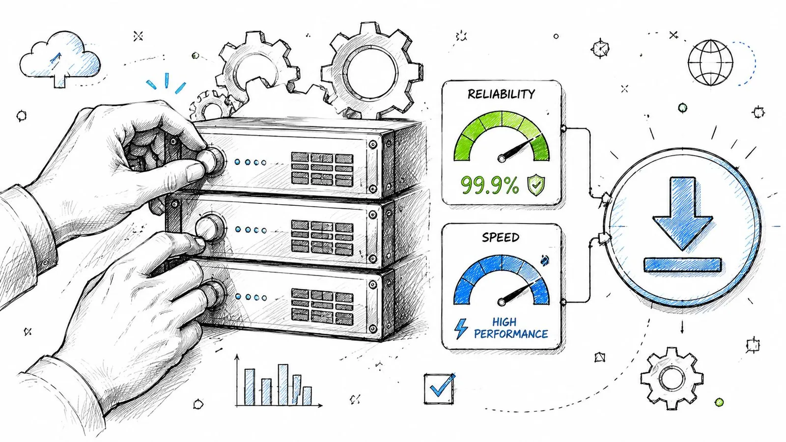 A hand-drawn illustration showing hands adjusting server dials with reliability and speed gauges for optimized downloads.