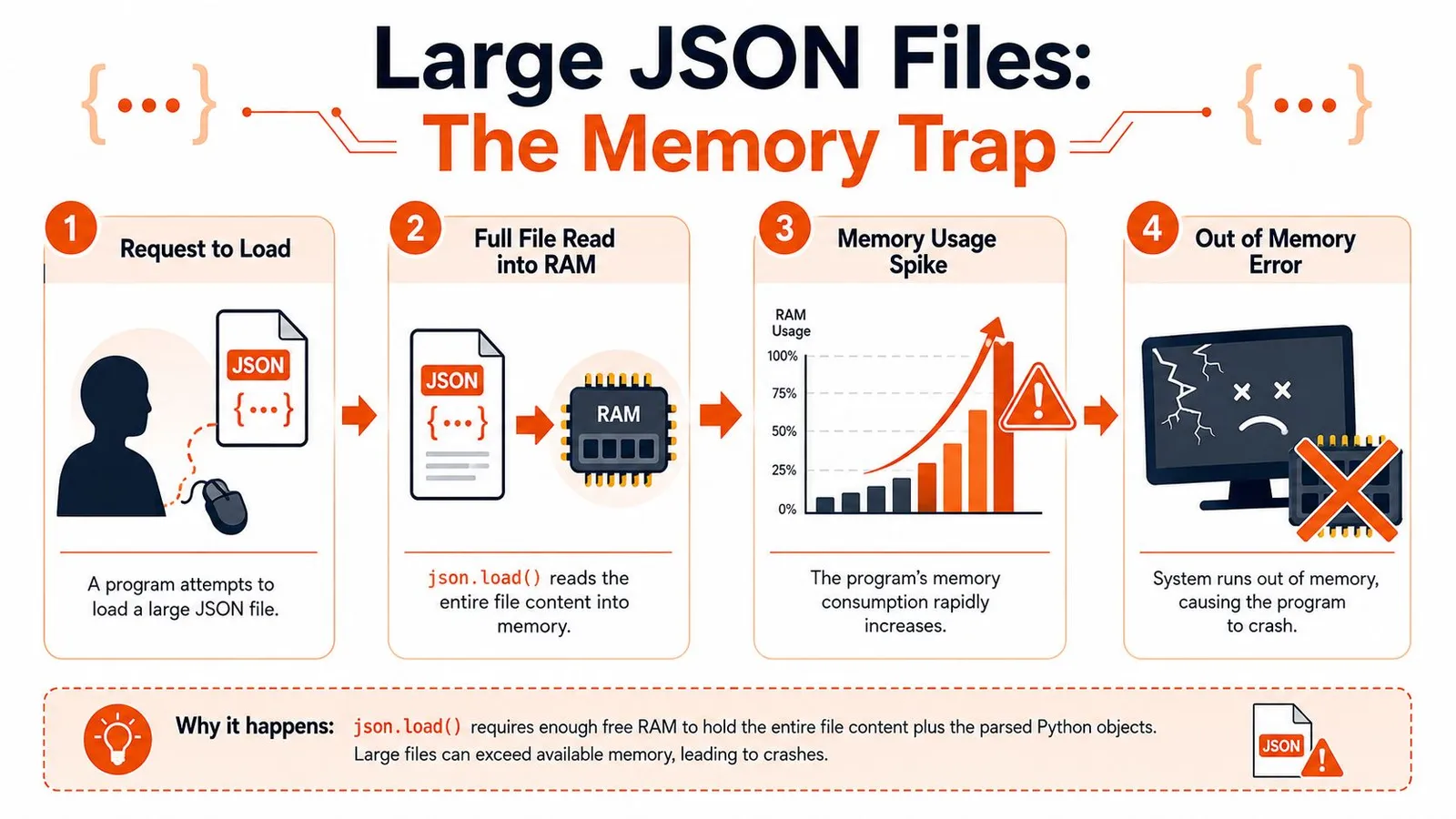 A flowchart illustrating how loading large JSON files into RAM causes system memory spikes and program crashes.