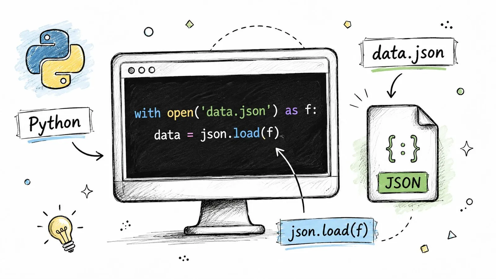 A hand-drawn illustration showing Python code reading data from a JSON file on a monitor screen.