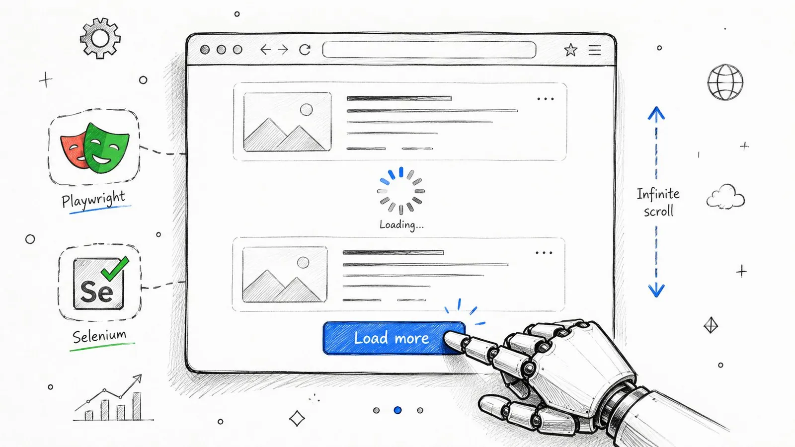 A robot hand clicks a load more button on a browser window displaying infinite scroll automation concepts.