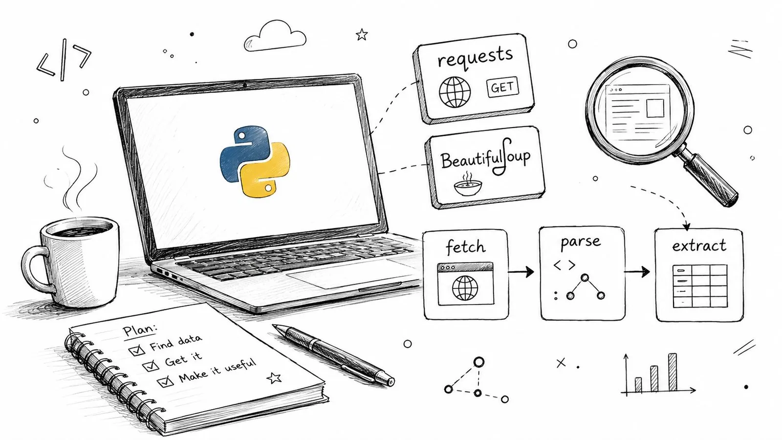 A hand-drawn illustration depicting the steps and tools for Python web scraping on a desk workspace.