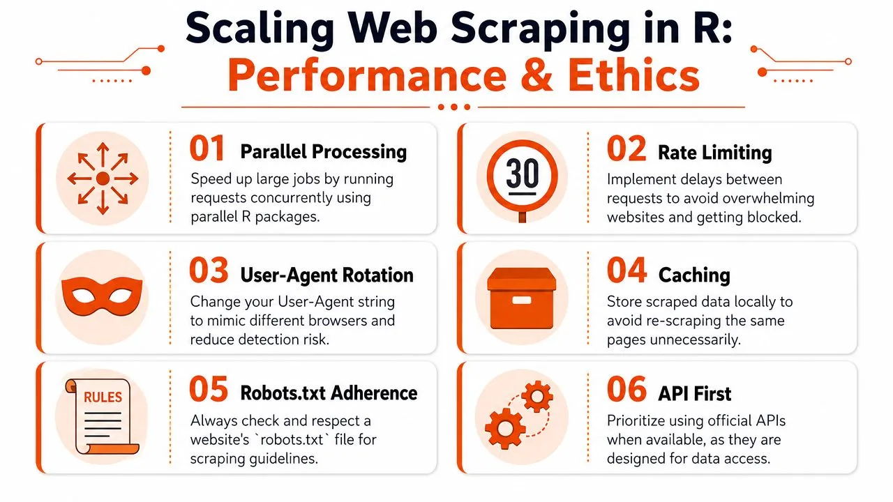 An infographic detailing six essential practices for ethical and efficient web scraping using R programming language.