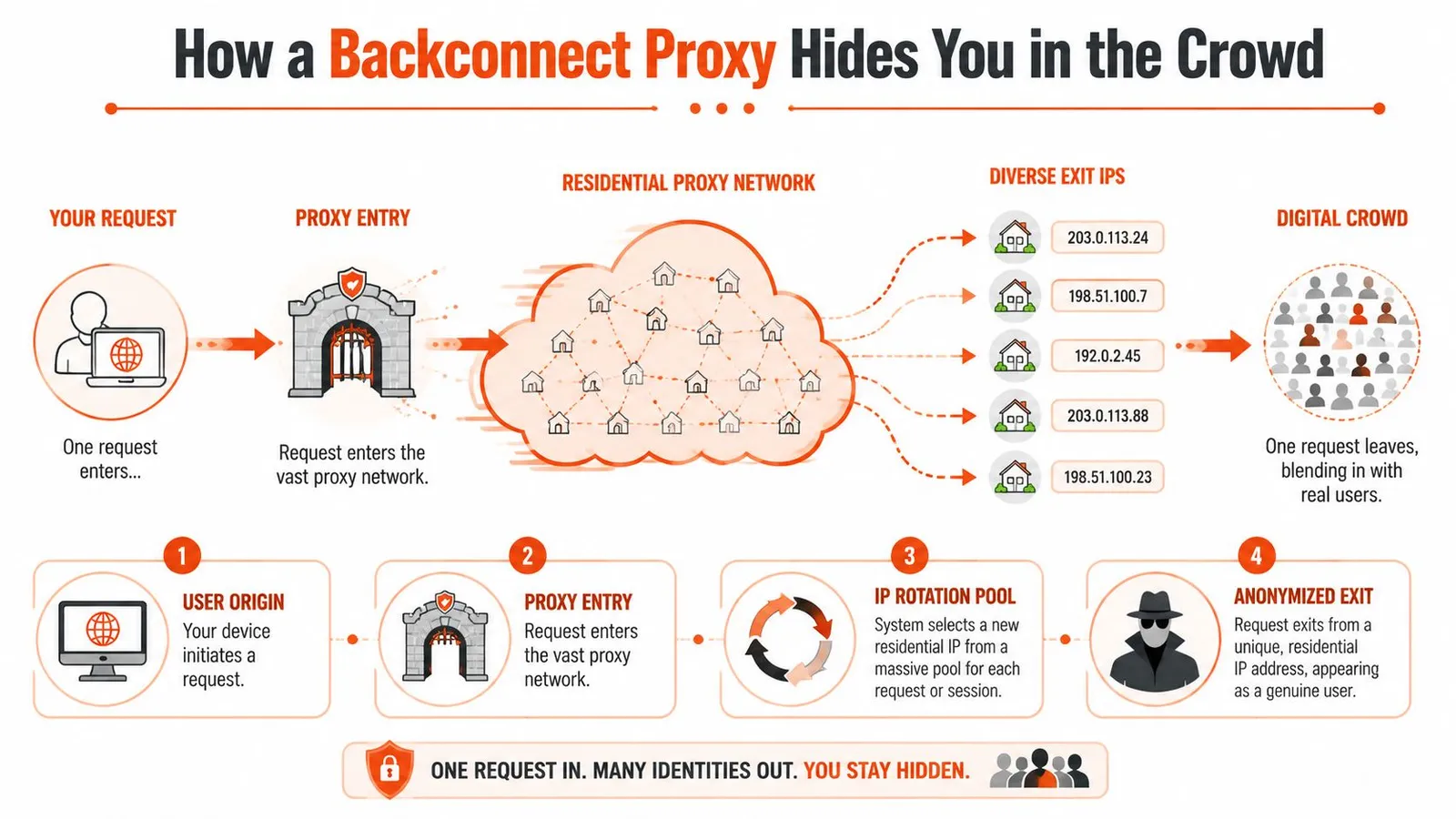 An infographic diagram illustrating how backconnect proxies hide a user's IP by routing requests through a residential network.