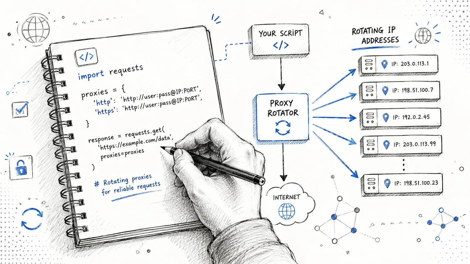 A hand writes code for proxy rotation, illustrating how a script uses a rotator to access the internet.