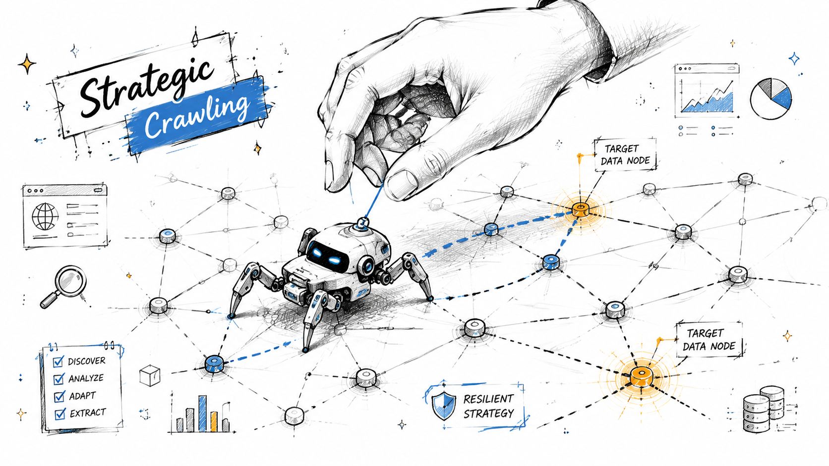 A hand guiding a robotic spider navigating a digital network to extract data points in this conceptual illustration.