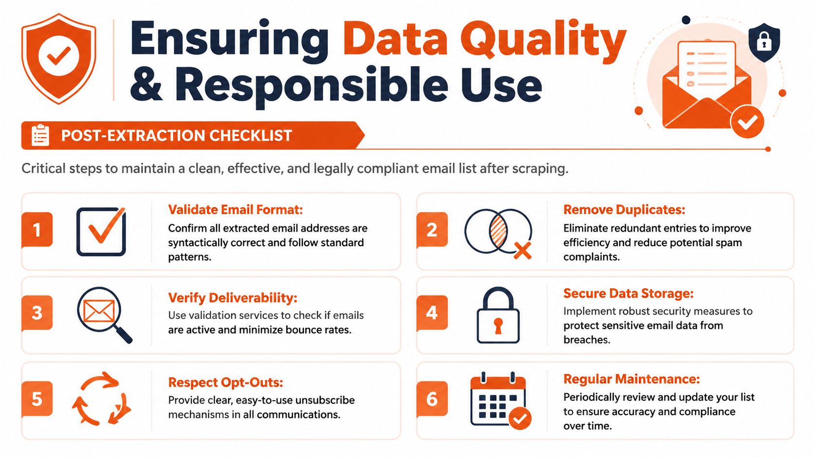 A six-step checklist infographic for ensuring data quality and responsible use when maintaining scraped email lists.