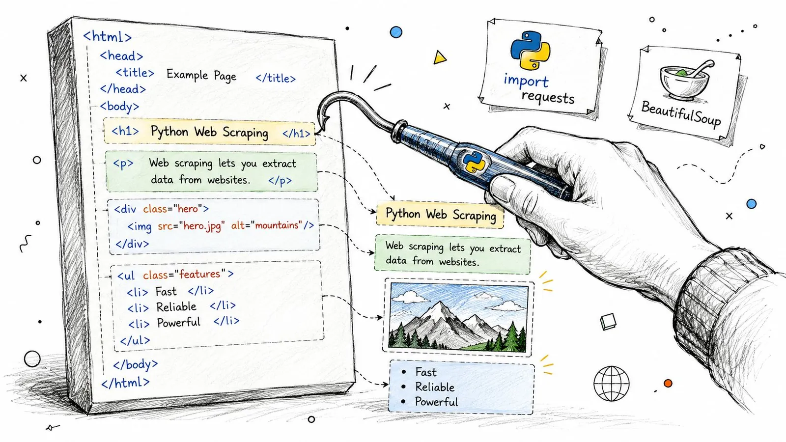 A hand using a coding tool to extract data and images from HTML source code for web scraping.