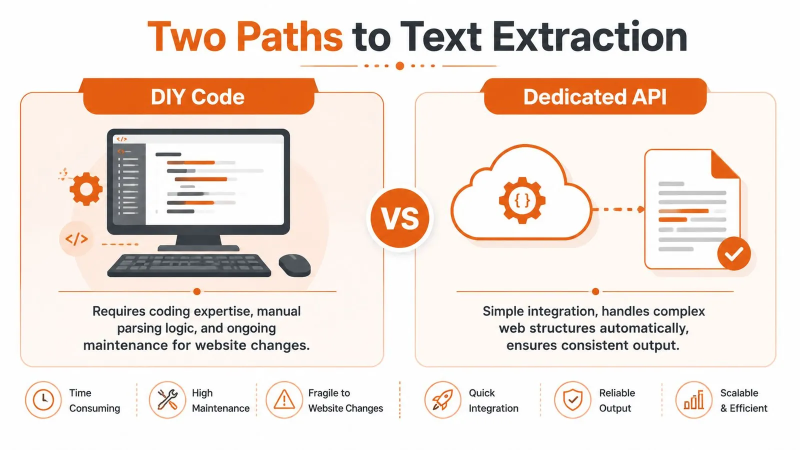 A comparative infographic showing the differences between building a DIY web text extractor and using a dedicated API.