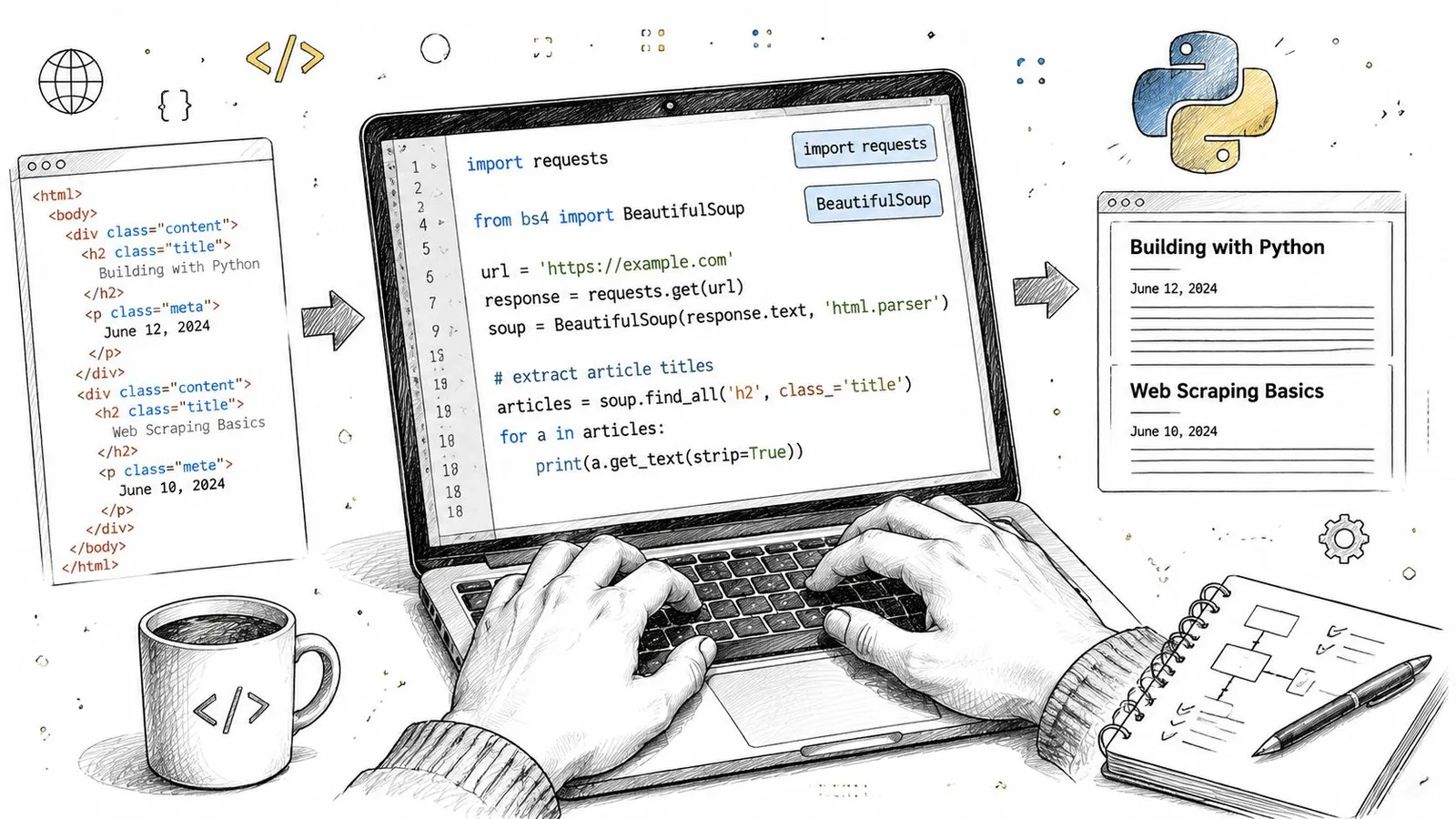 A hand-drawn illustration depicting a person using Python code to extract data from an HTML web page.