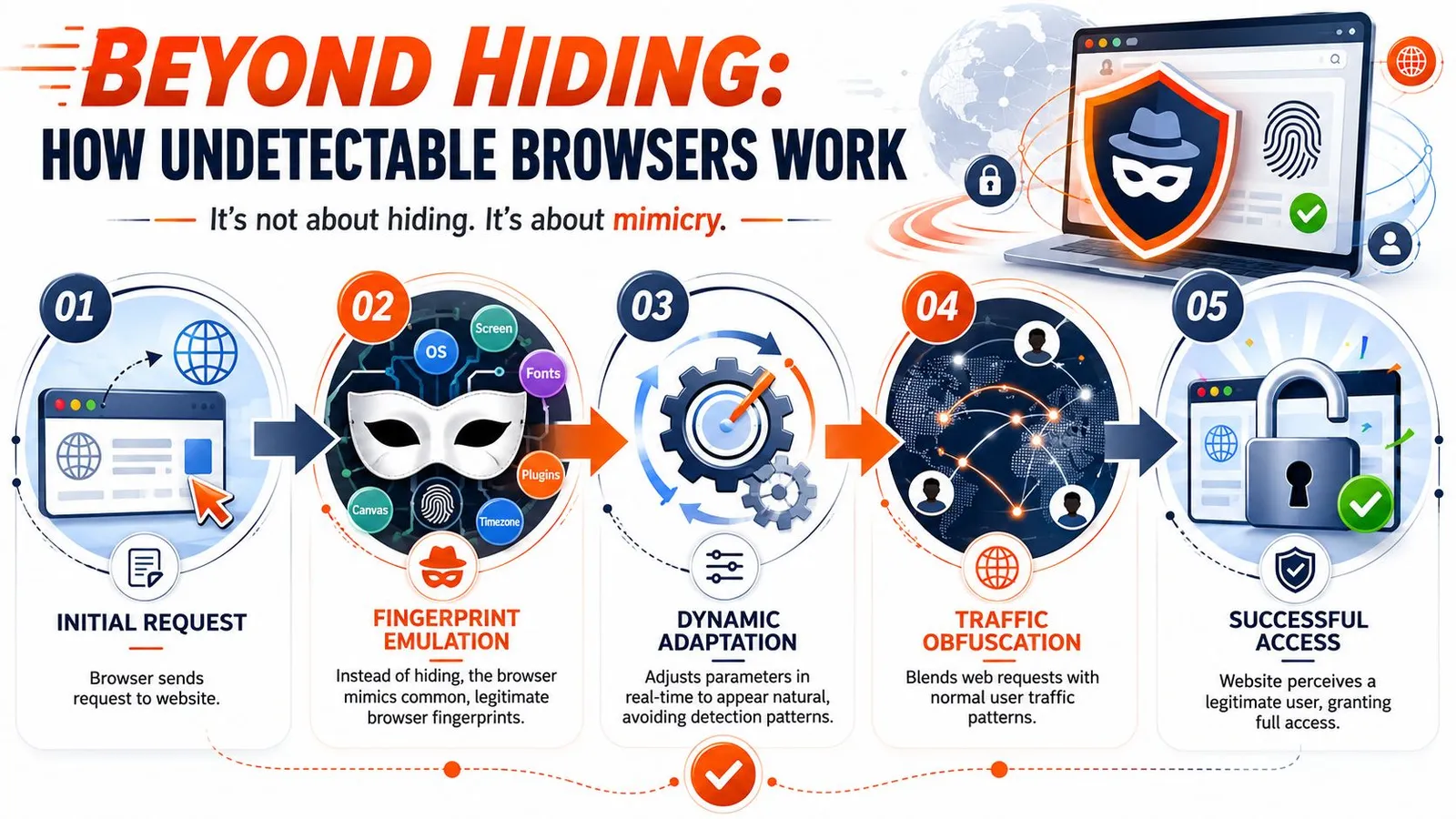 An infographic showing the five-step process of how undetectable browsers use emulation and traffic obfuscation to mimic users.