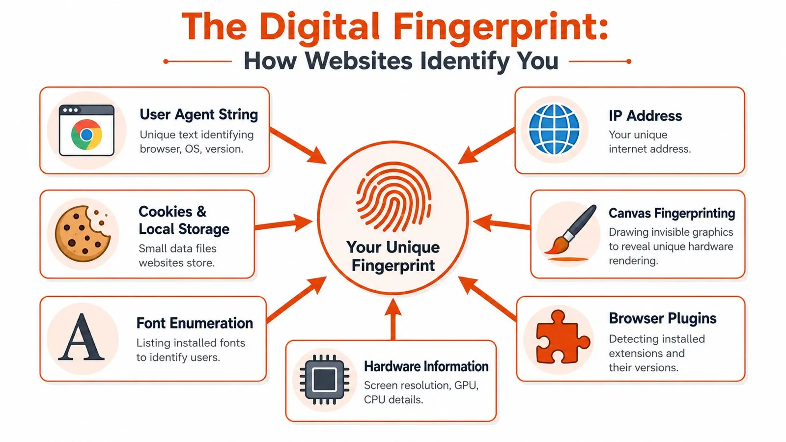 An infographic titled The Digital Fingerprint showing seven technologies websites use to track and identify users.