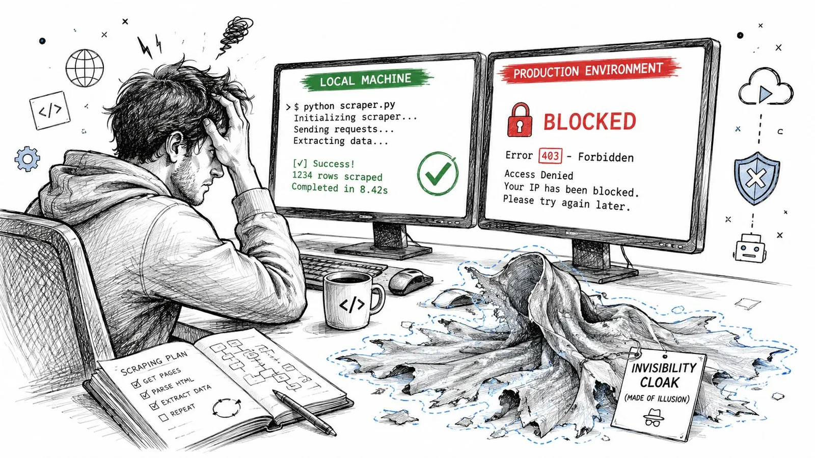 A frustrated developer looking at two computer screens, one showing successful local scraping and the other blocked.