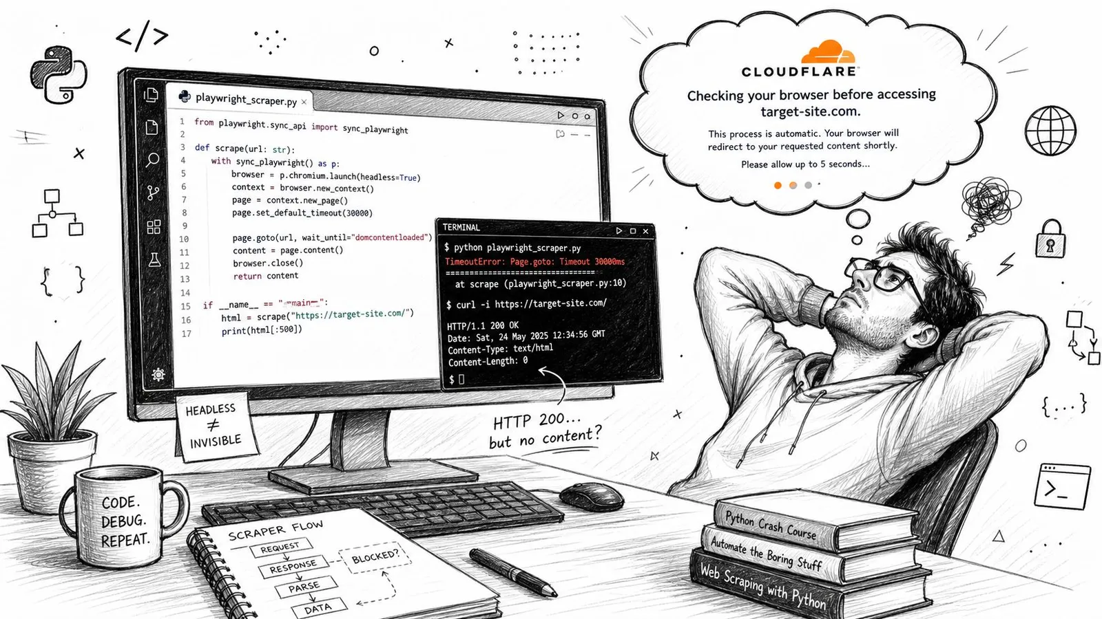 A developer looking frustrated at a computer screen showing web scraping errors and a Cloudflare blocking page.