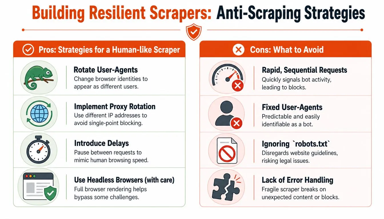 An infographic showing best practices and common pitfalls for building resilient web scrapers and anti-scraping strategies.