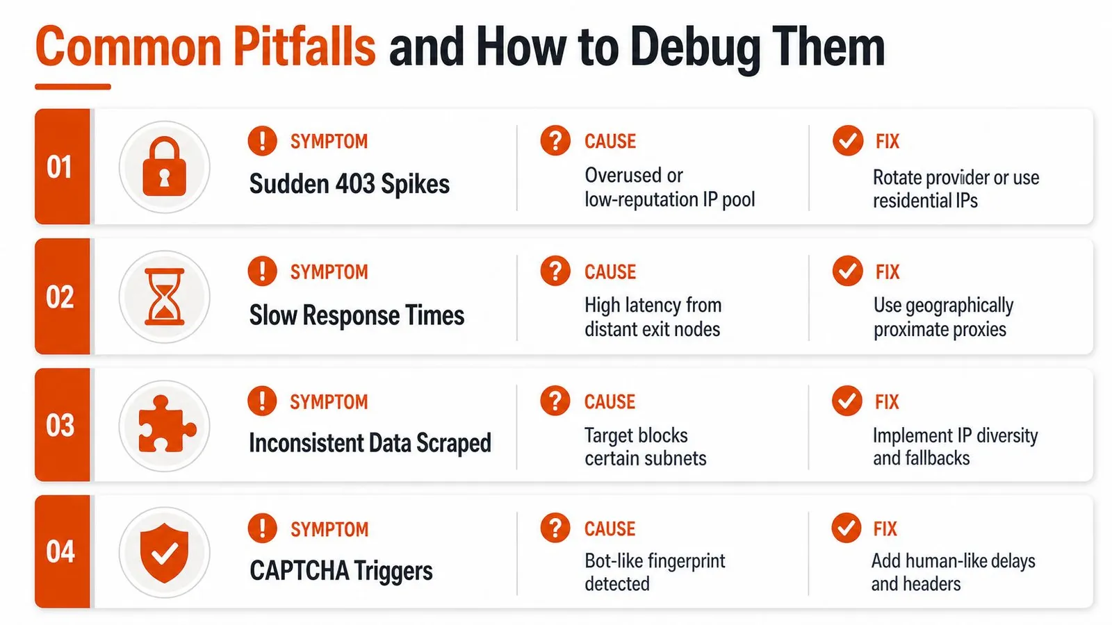 A table outlining four common web scraping pitfalls including 403 errors, latency, inconsistent data, and CAPTCHA triggers.